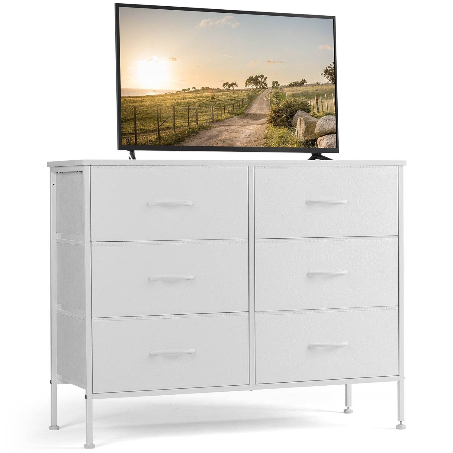 6Drawer Fabric Dresser – Wood Top, Steel Frame, TV Stand & Clothes Storage