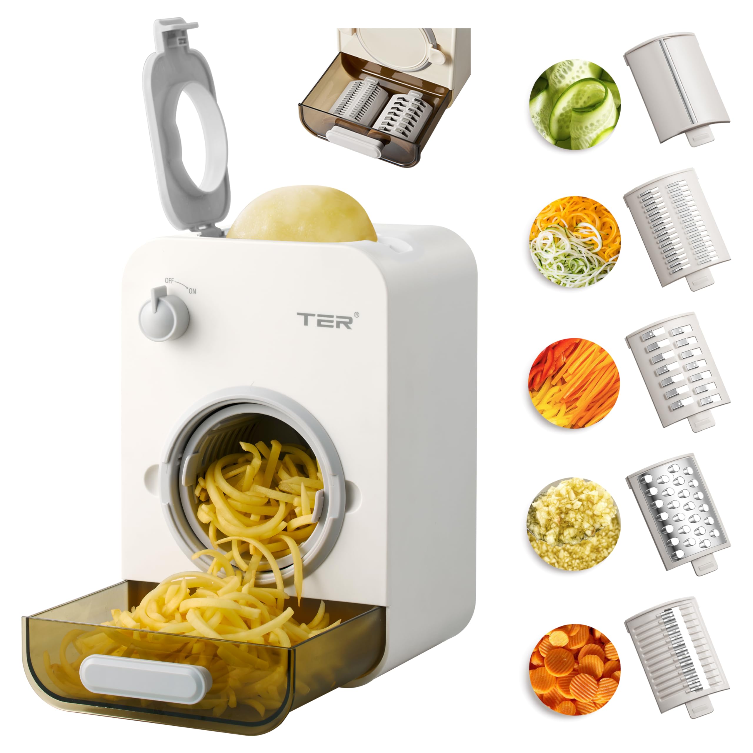 Electric Cheese Grater - 5 Blades, 5-in-1 Veggie Chopper, 110mm