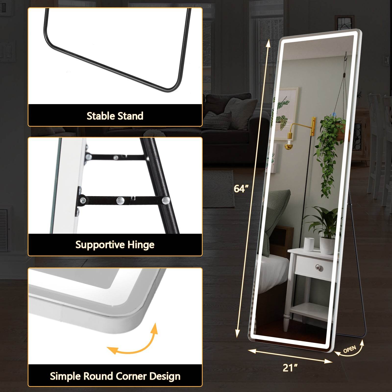 Full Length Standing Hanging Mirror with Dimmable LED Lights, Alloy Frame
